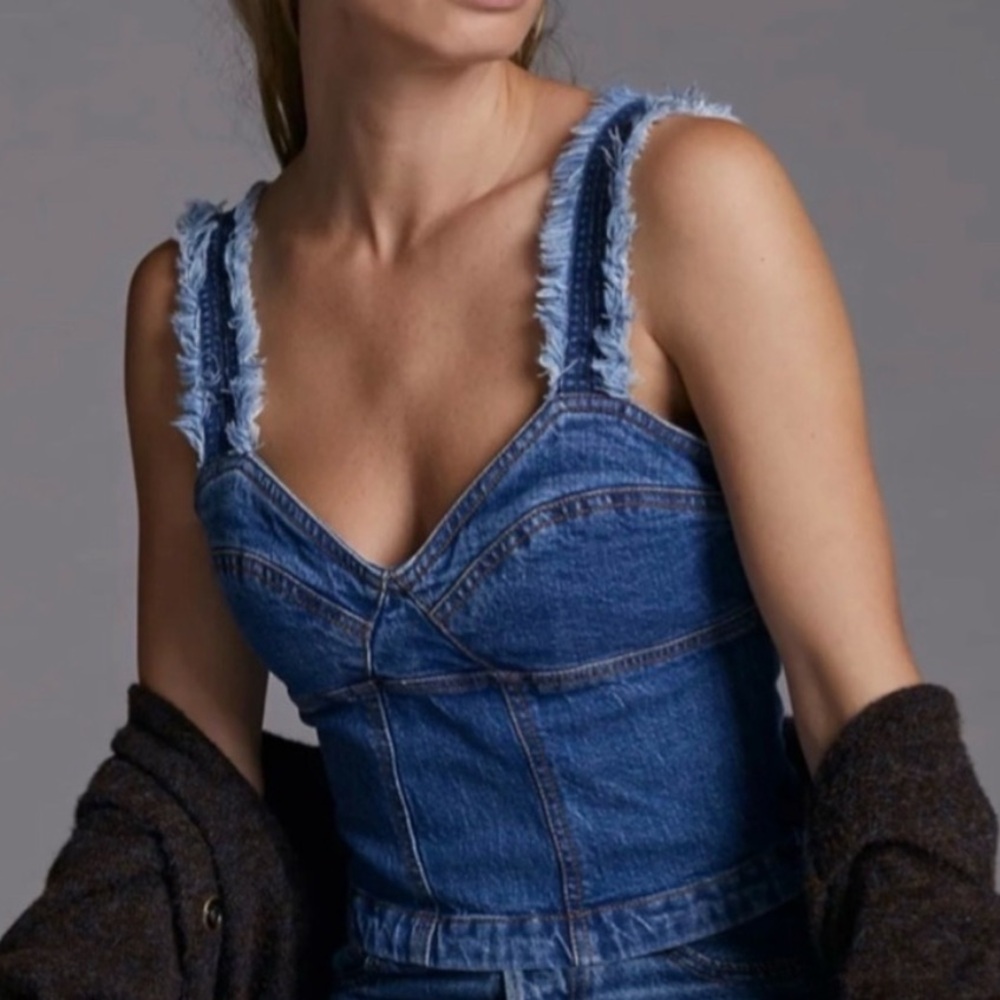 Pilcro Denim Corset Top with Frayed Trim
